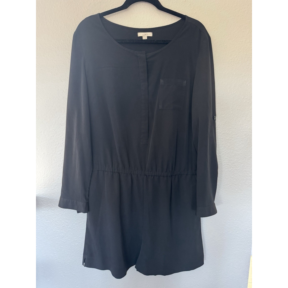 Ann Taylor Loft Romper Womens 14 Black Long Sleeve Elastic Waist Pockets